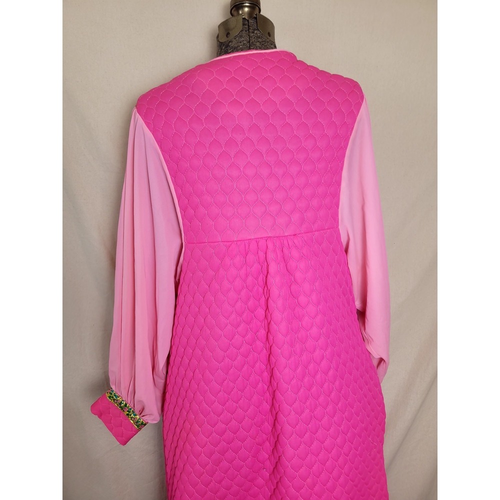 Vintage 60's Quilted Robe Gold Floral Trim Flowy Sleeve Hot Pink Maxi Mod M - Picture 6 of 16